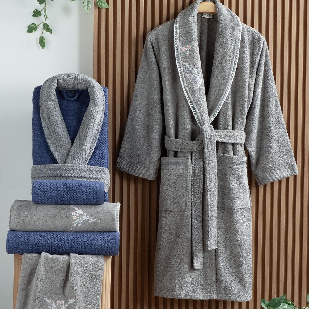 Sarev Mood Comfort Gracia Gri-Mavi Aile Bornoz Seti - Güzel Home - Banyo Tekstili