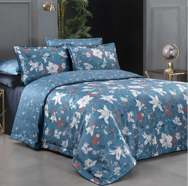 Sarev Portland Pamuk Saten Çift Kişilik Mavi Nevresim Takımı - Güzel Home - Çift Kişilik Saten Nevresim Takımı