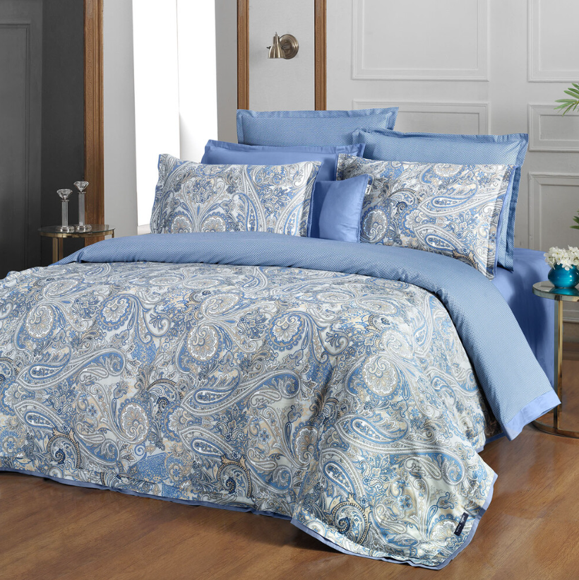 Sarev Volga Pamuk Saten Çift Kişilik Mavi Nevresim Takımı - Güzel Home - Çift Kişilik Saten Nevresim Takımı