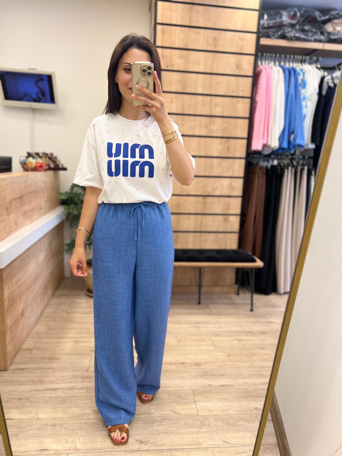 Beli Lastikli İndigo Keten Pantolon