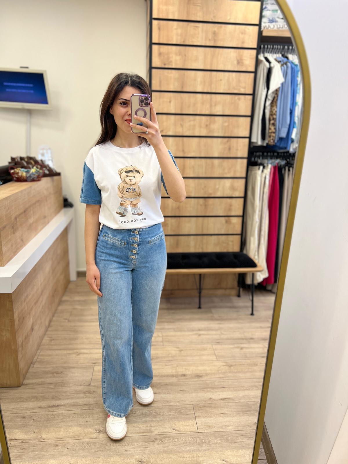 Beyaz Denim Detaylı Ayıcıklı T-Shirt