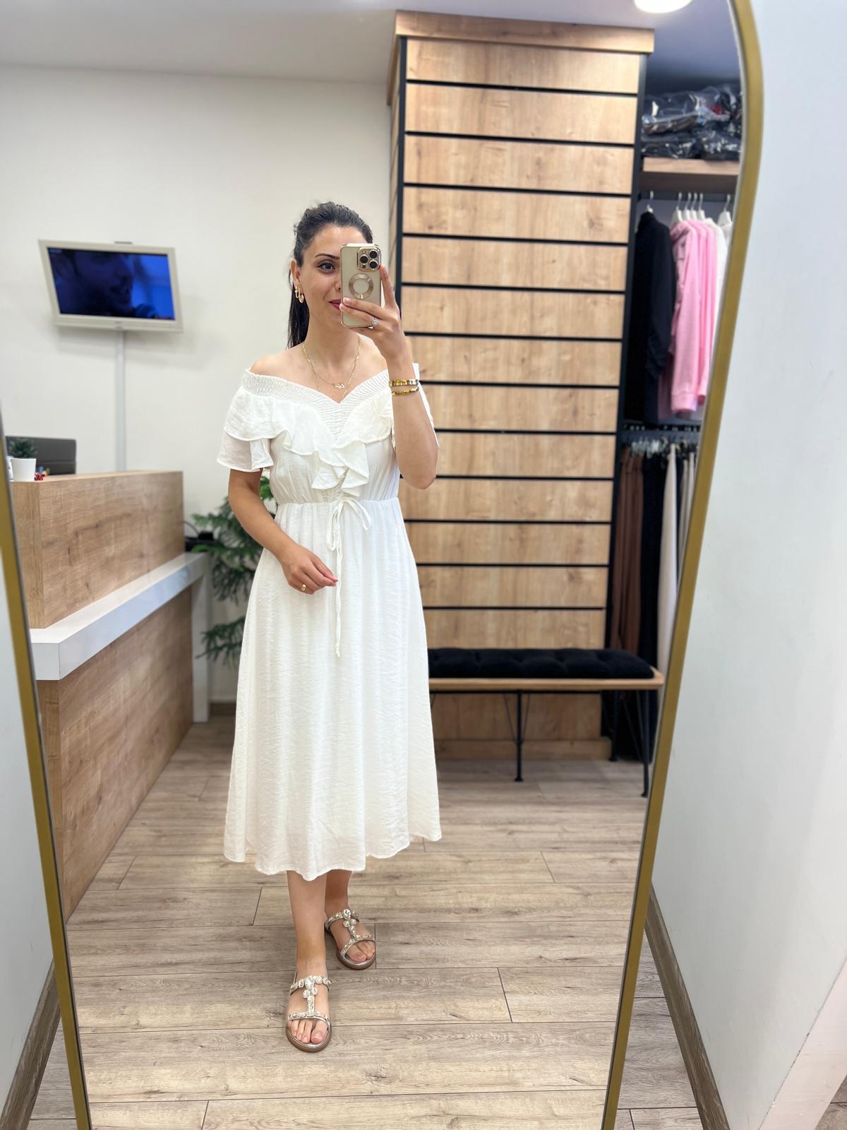 Beyaz Kolu Volanlı Elbise