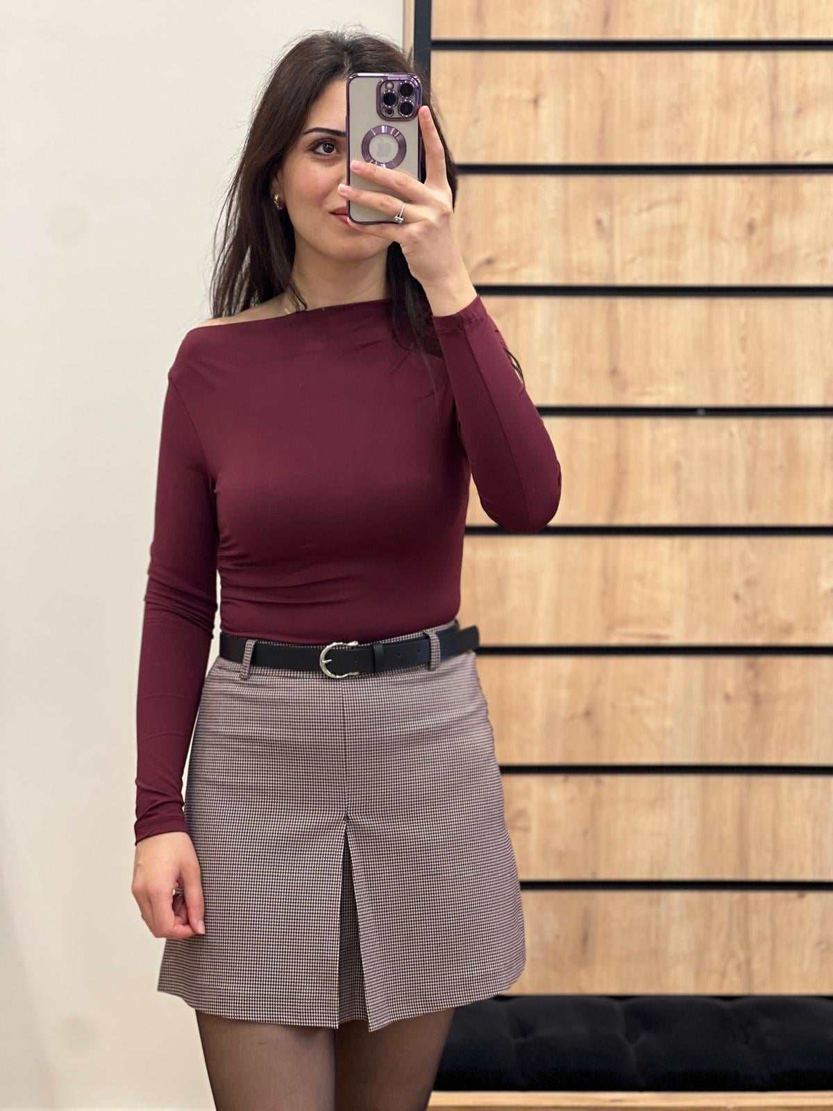 Bordo Kemer Detaylı Mini Etek