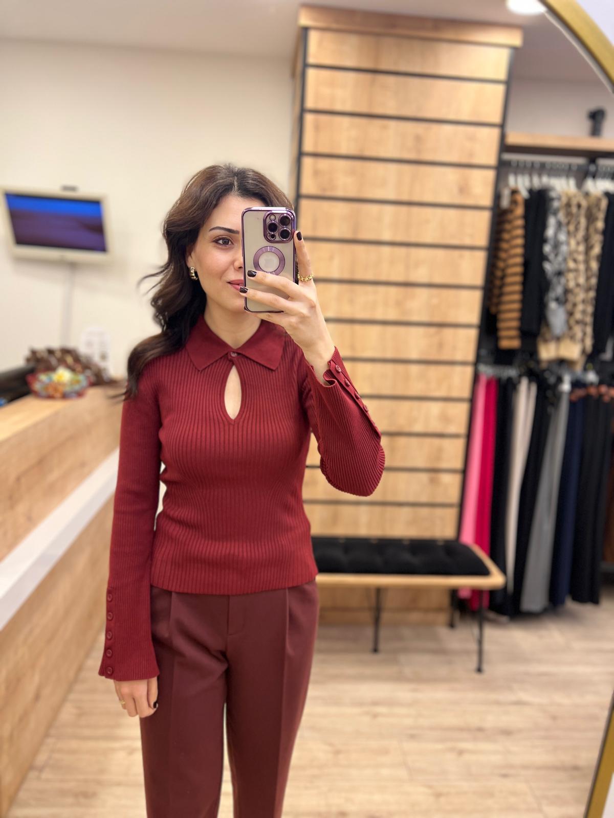 Bordo Polo Yaka Fitilli Triko Kazak