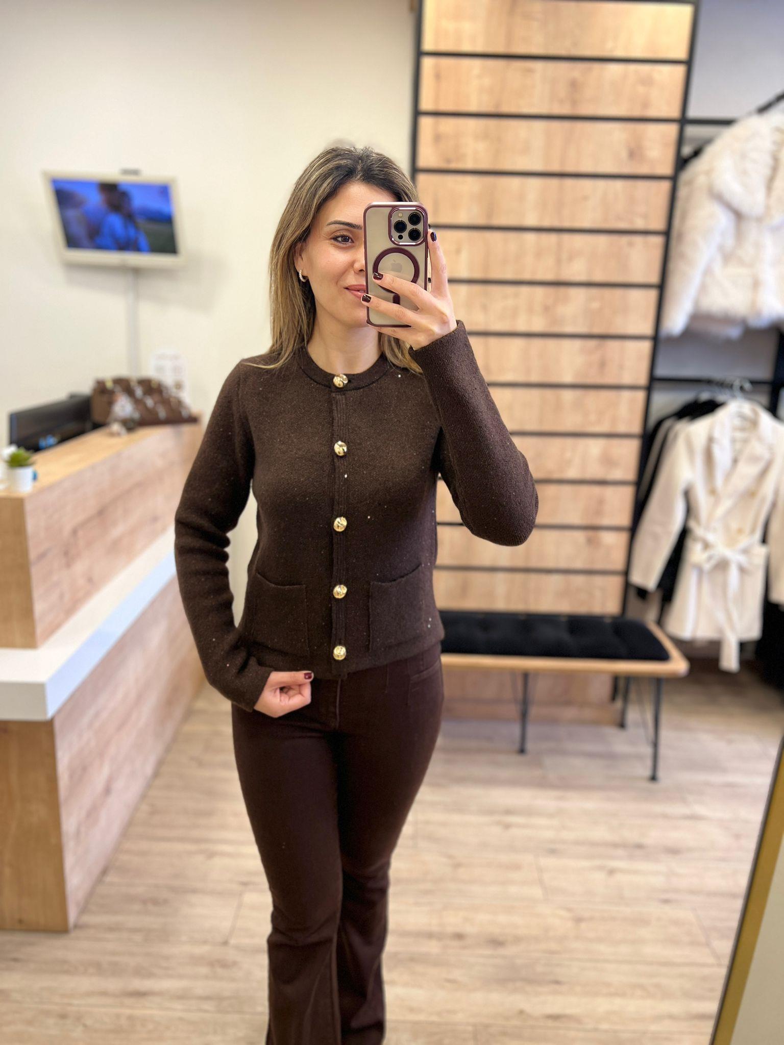 Kahve Bisiklet Yaka Pullu Simli Triko Hırka