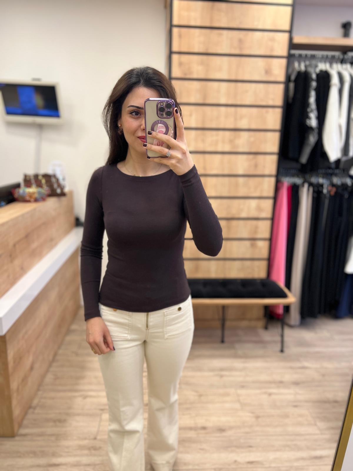 Kahve Kayık Yaka Bluz
