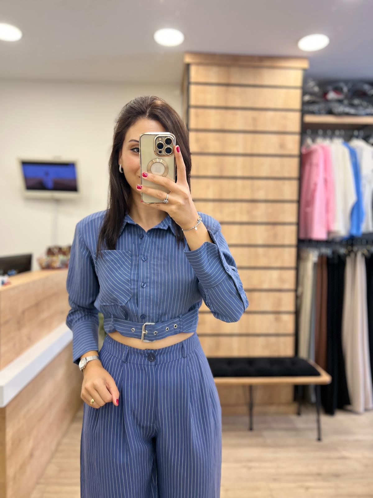 LACİVERT KEMERLİ CROP GÖMLEK