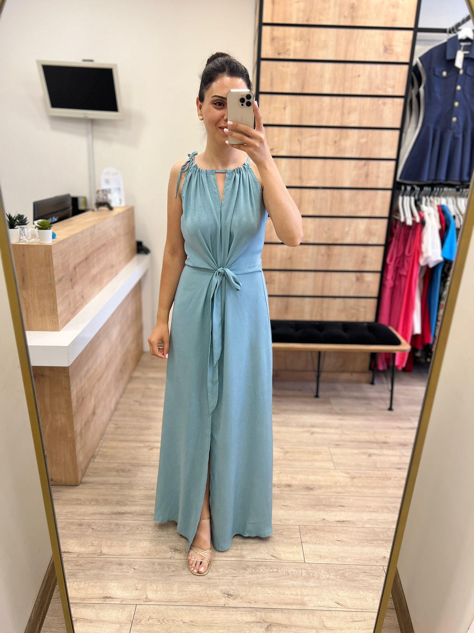 Mint Yeşili Bağlama Detaylı Halter Yaka Elbise