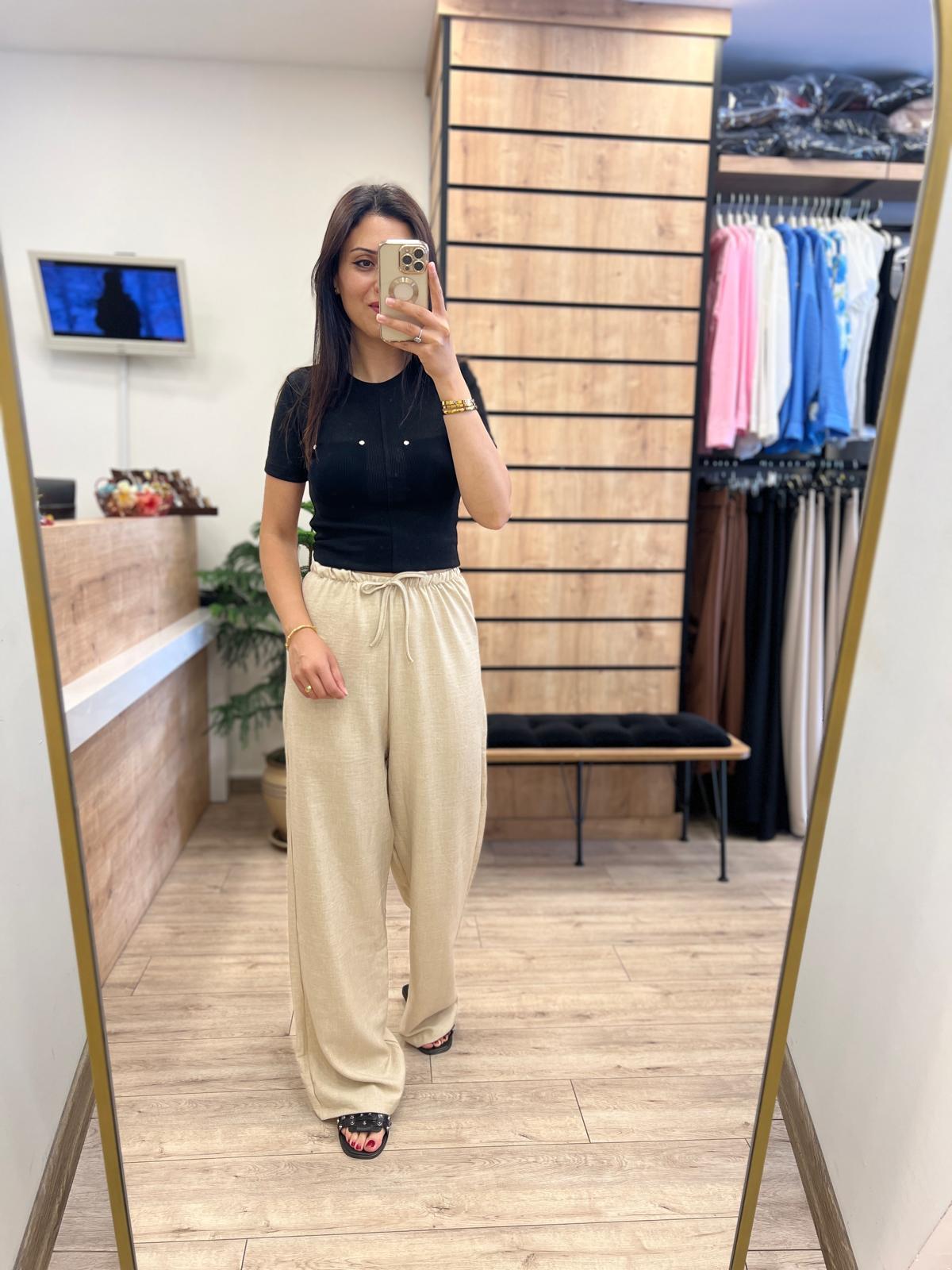 Beli Lastikli Taş Keten Pantolon