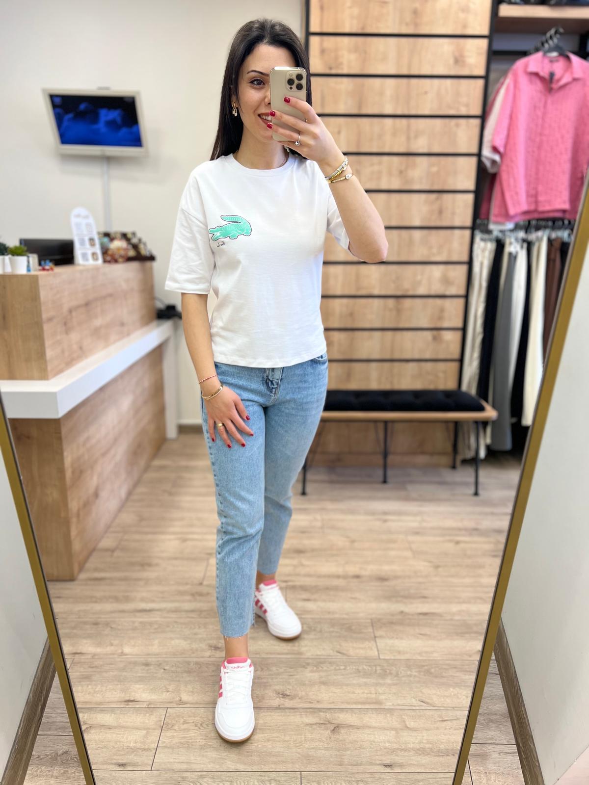 Beyaz Baskılı Desenli T-Shirt