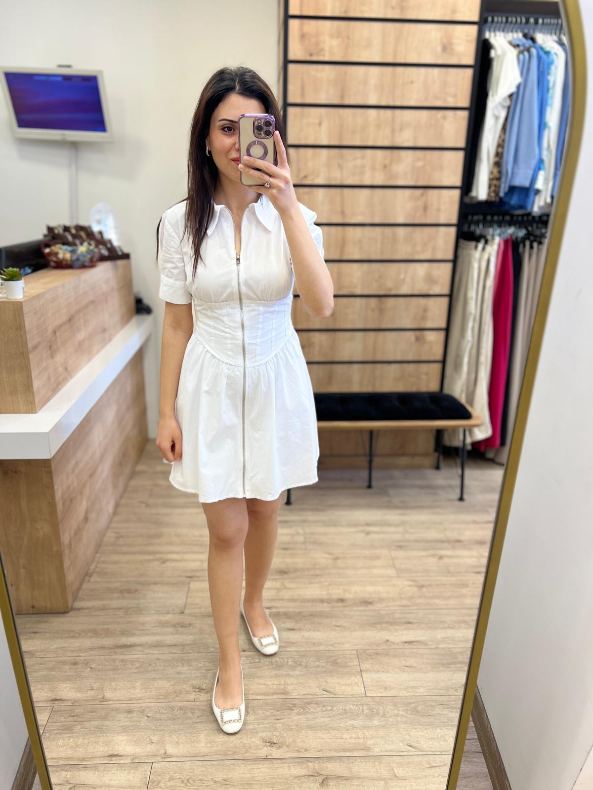 Beyaz Fermuarlı Poplin Elbise