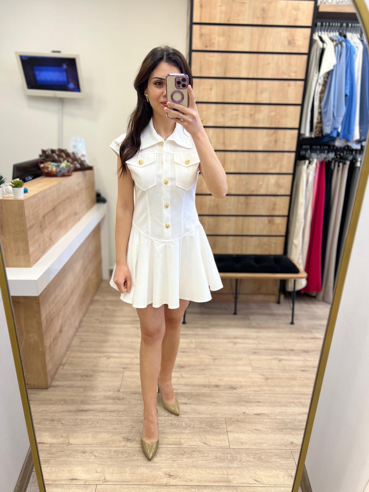 Beyaz Gold Düğme Detaylı Mini Elbise