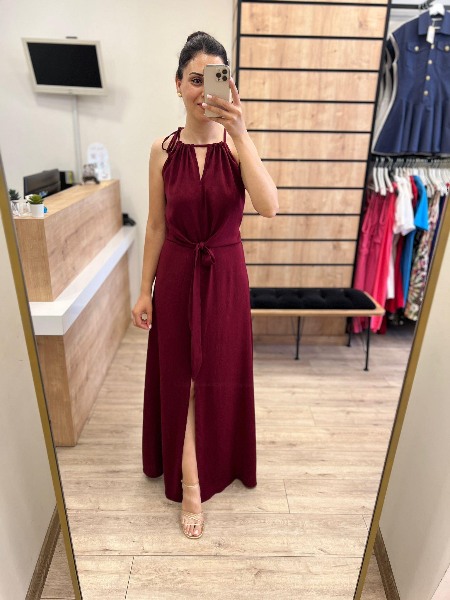 Bordo Bağlama Detaylı Halter Yaka Elbise