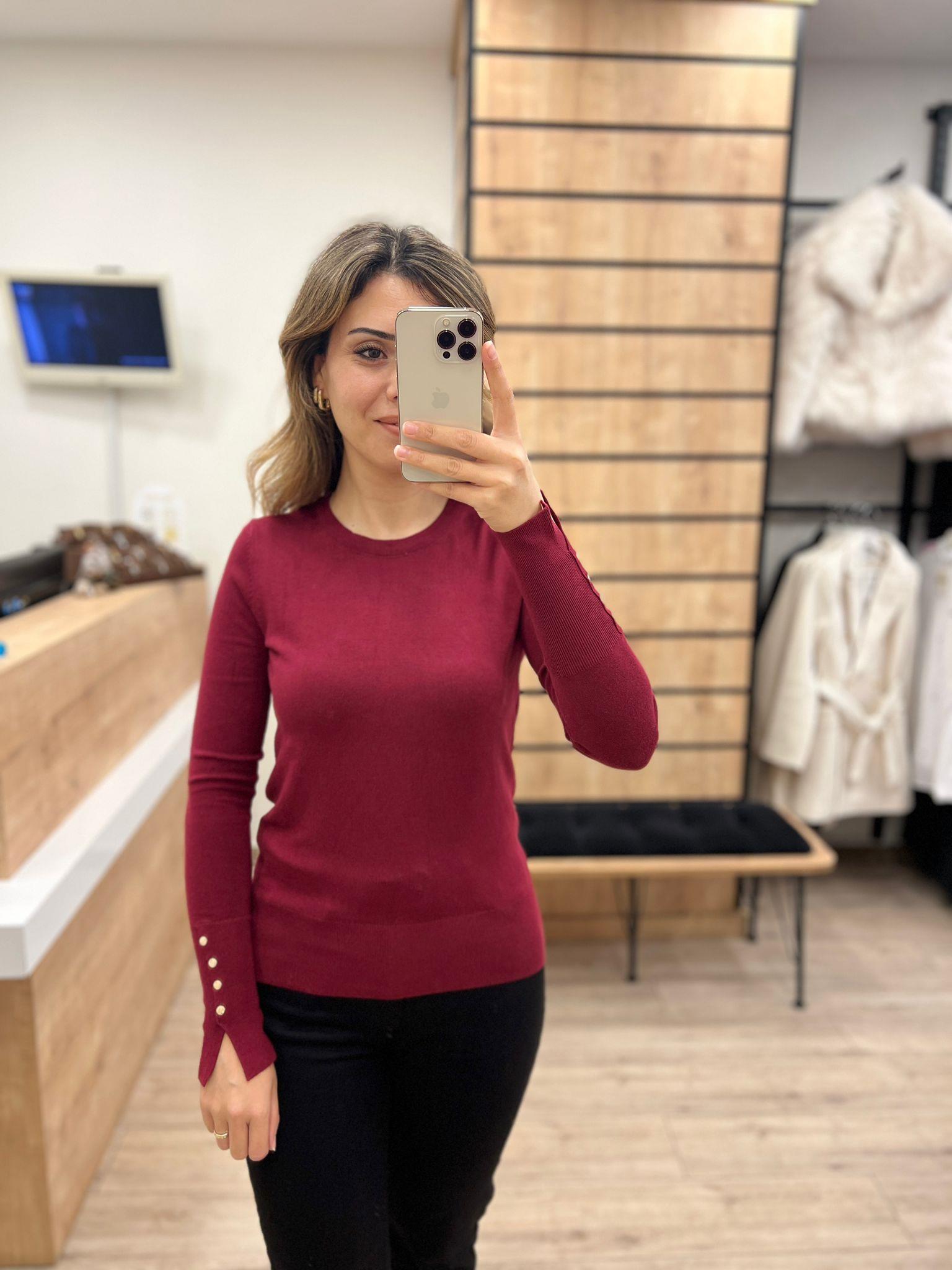 Bordo Bisiklet Yaka Kol Ortası Droplu Kazak