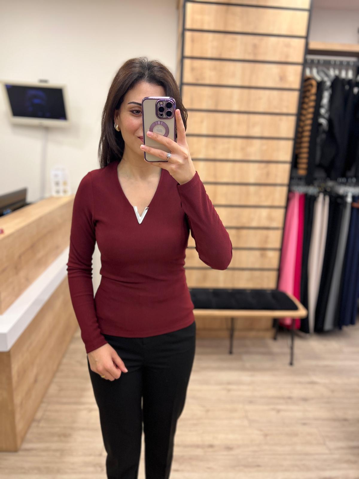 Bordo V Yaka Fitilli Bluz