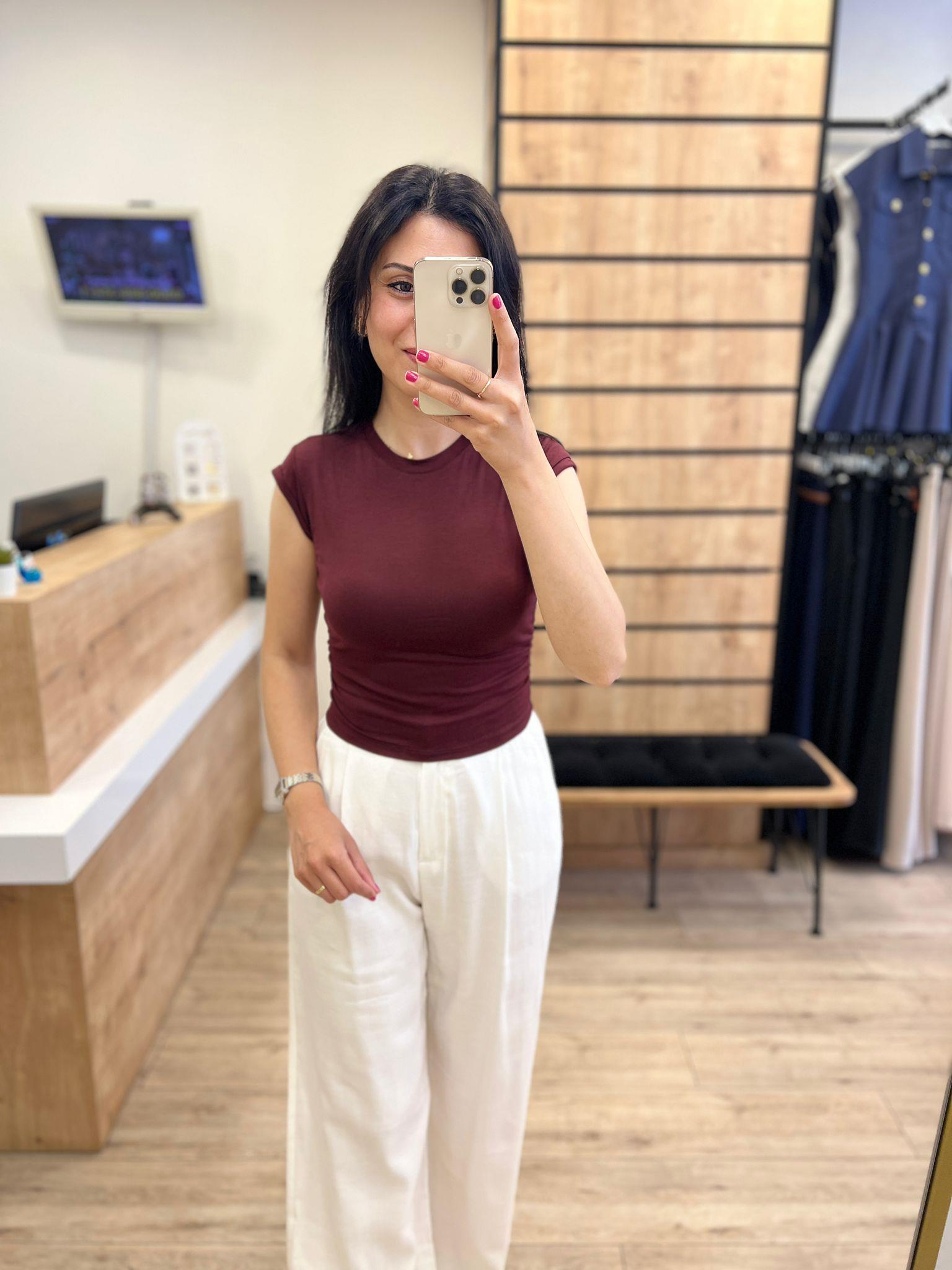 Bordo Yanları Büzgülü Tshirt