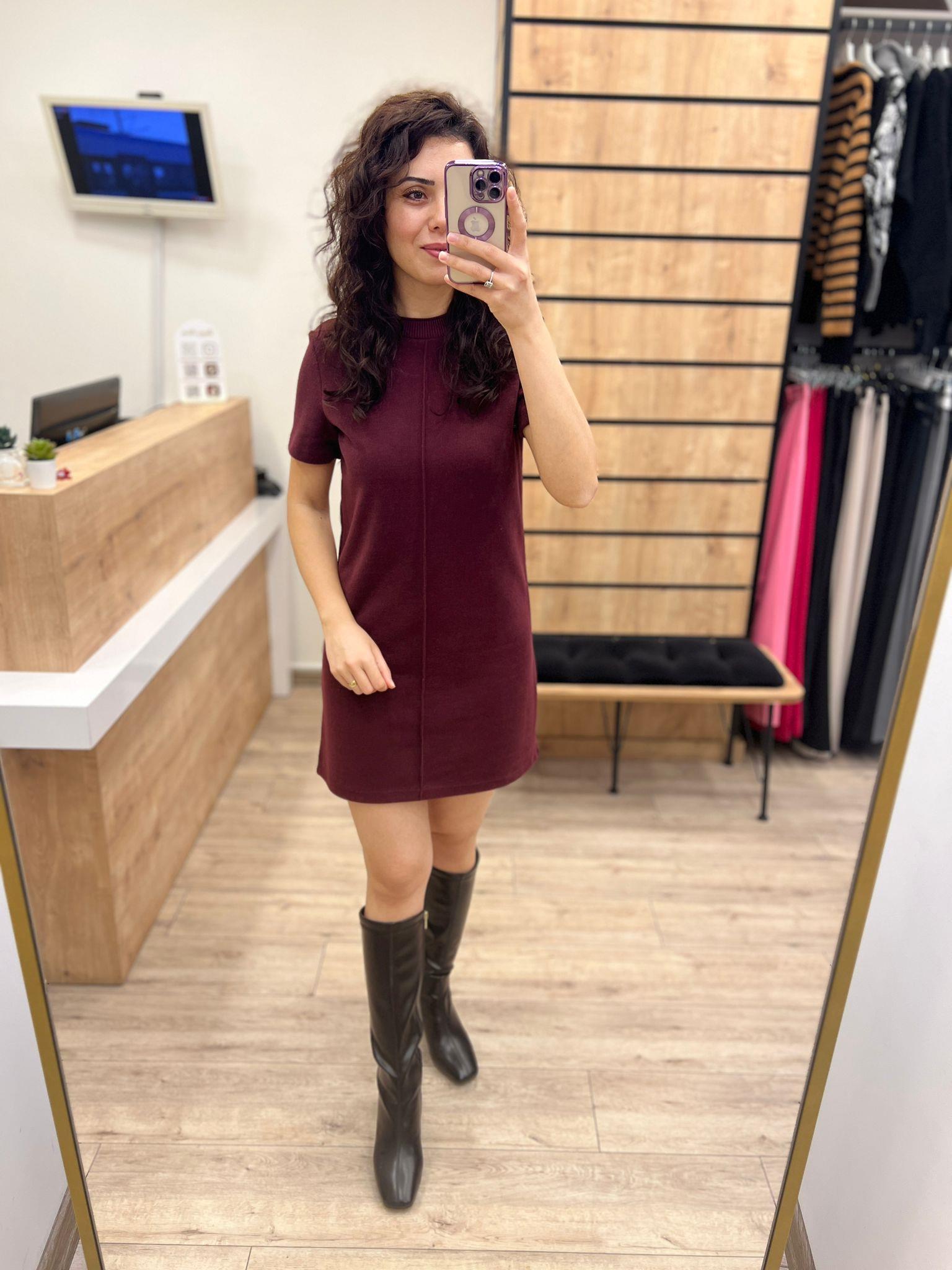 Bordo Yumuşak Mini Elbise