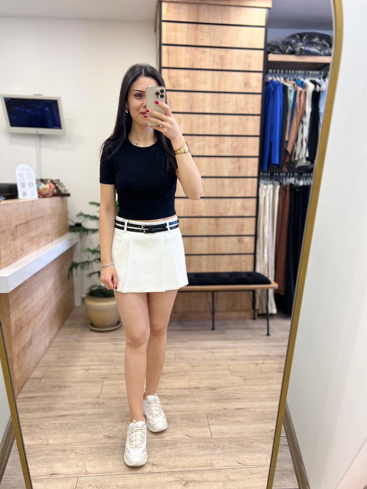 Ekru Çift Kemerli Şort Etek