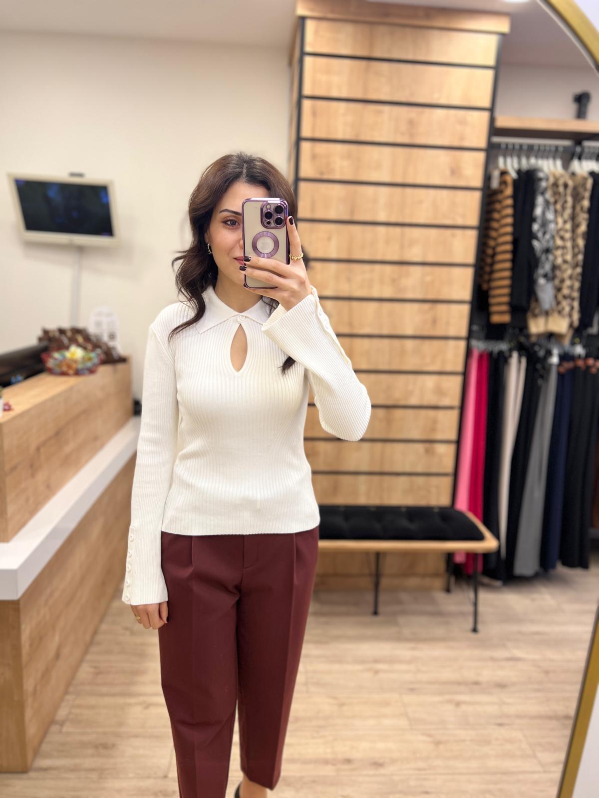Ekru Polo Yaka Fitilli Triko Kazak