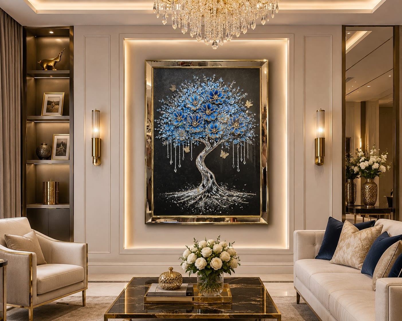 Gold Çerçeveli  İçi Gold Süslemeli Mavi Ağaç