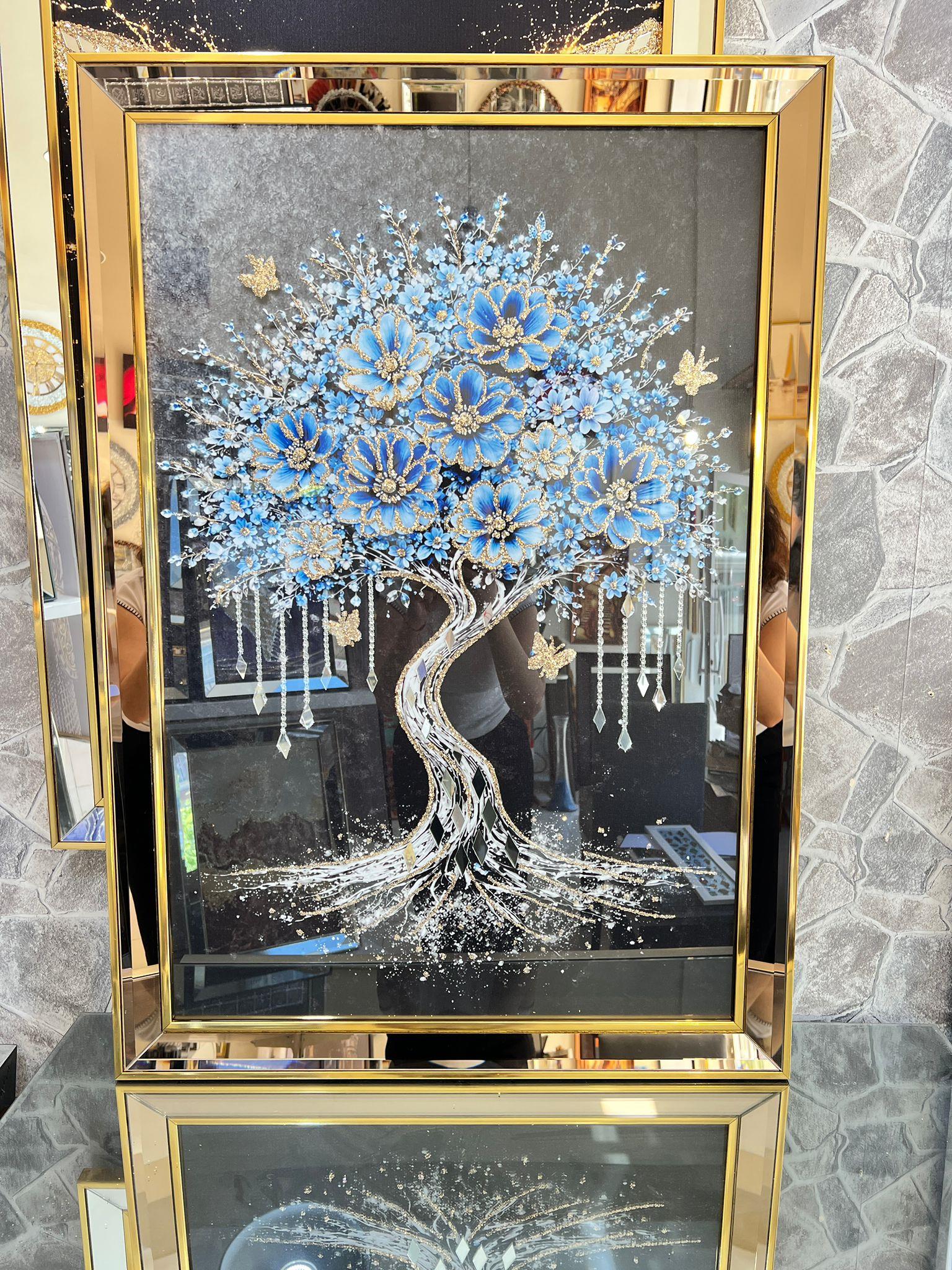 Gold Çerçeveli  İçi Gold Süslemeli Mavi Ağaç