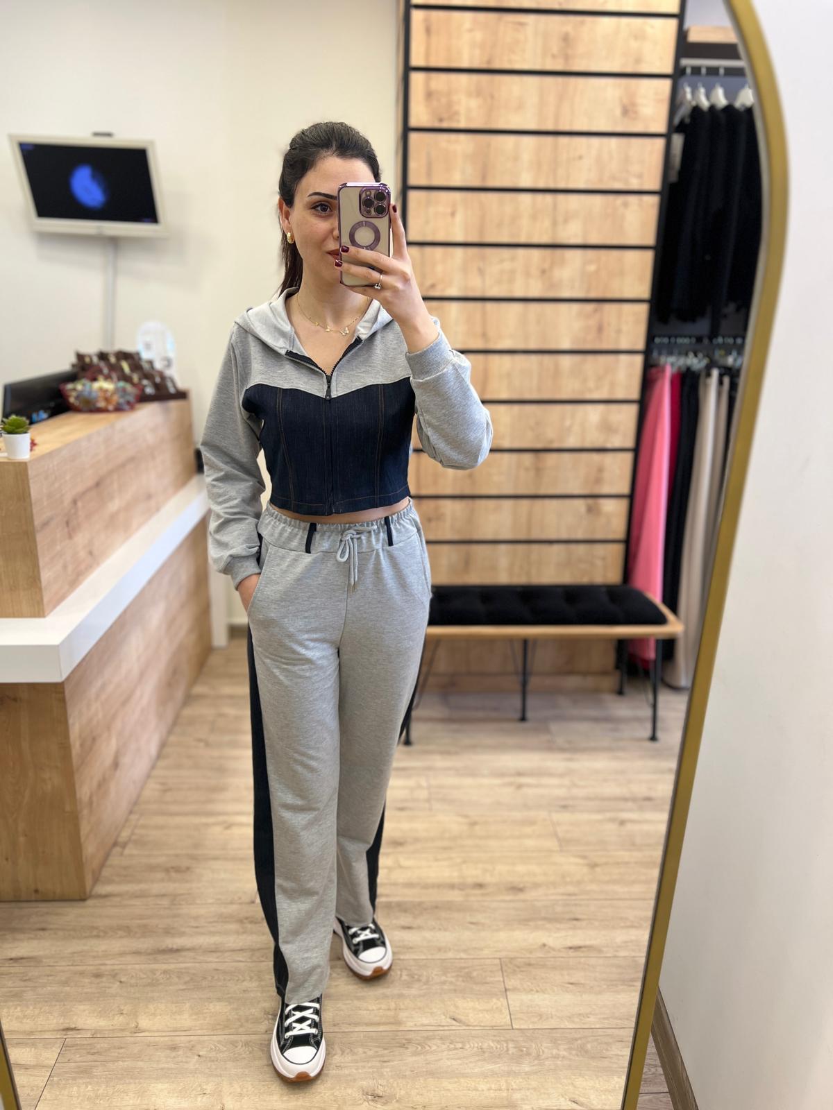 Gri Denim Detaylı Eşofman Takım