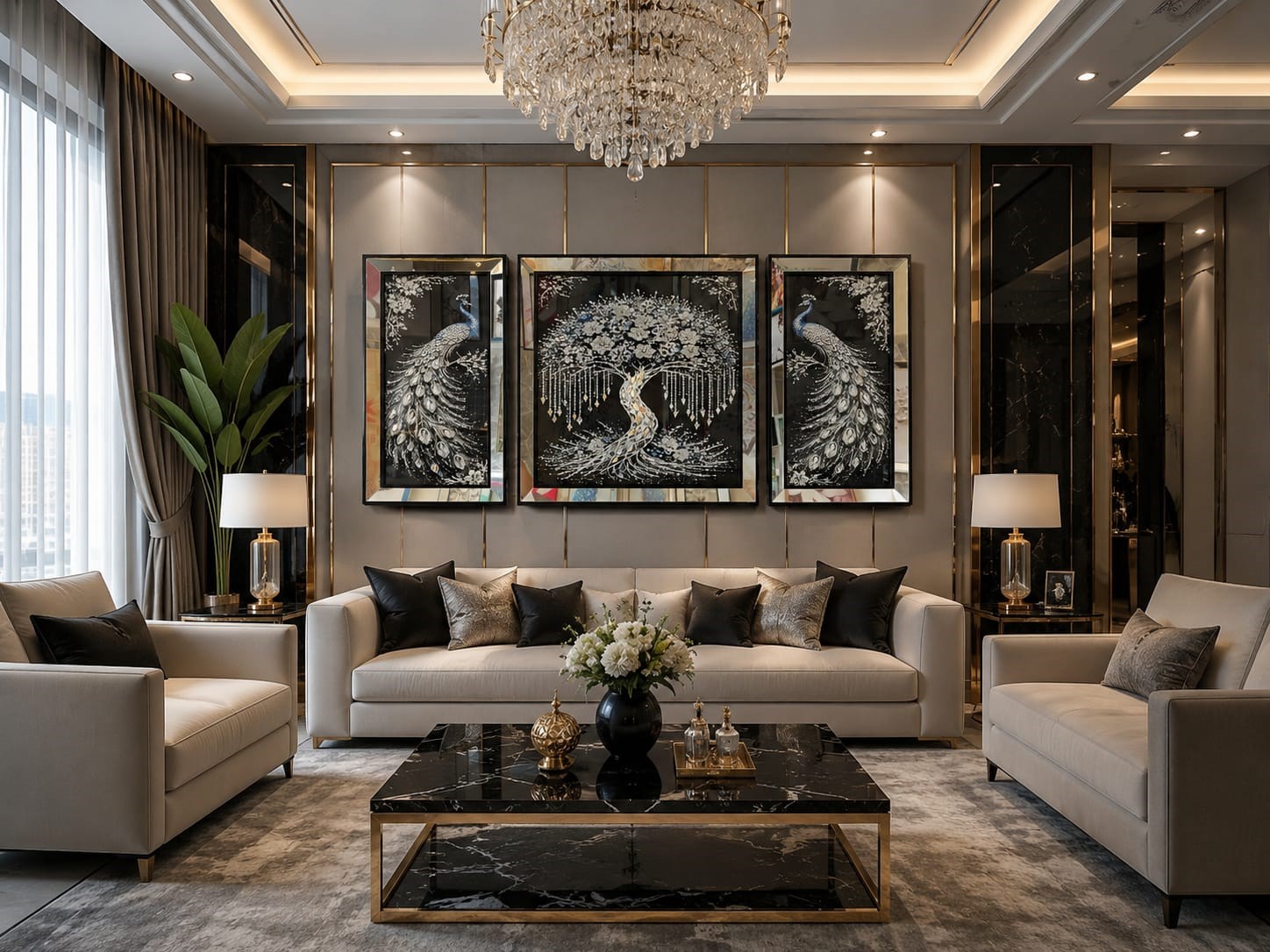 Gümüş İçi Sıyah 3Lü Set Tavus Kuşu Set Tablo