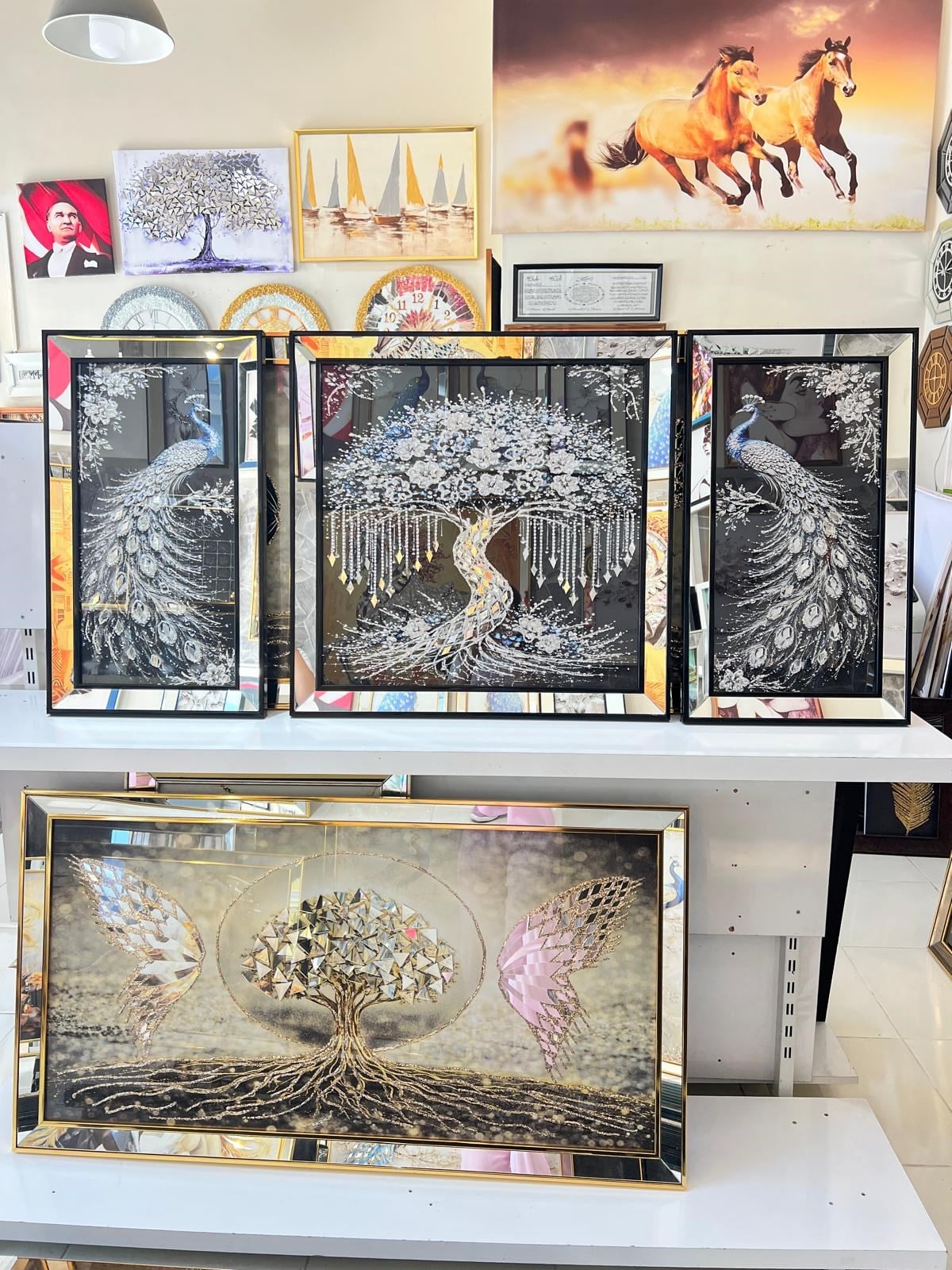 Gümüş İçi Sıyah 3Lü Set Tavus Kuşu Set Tablo