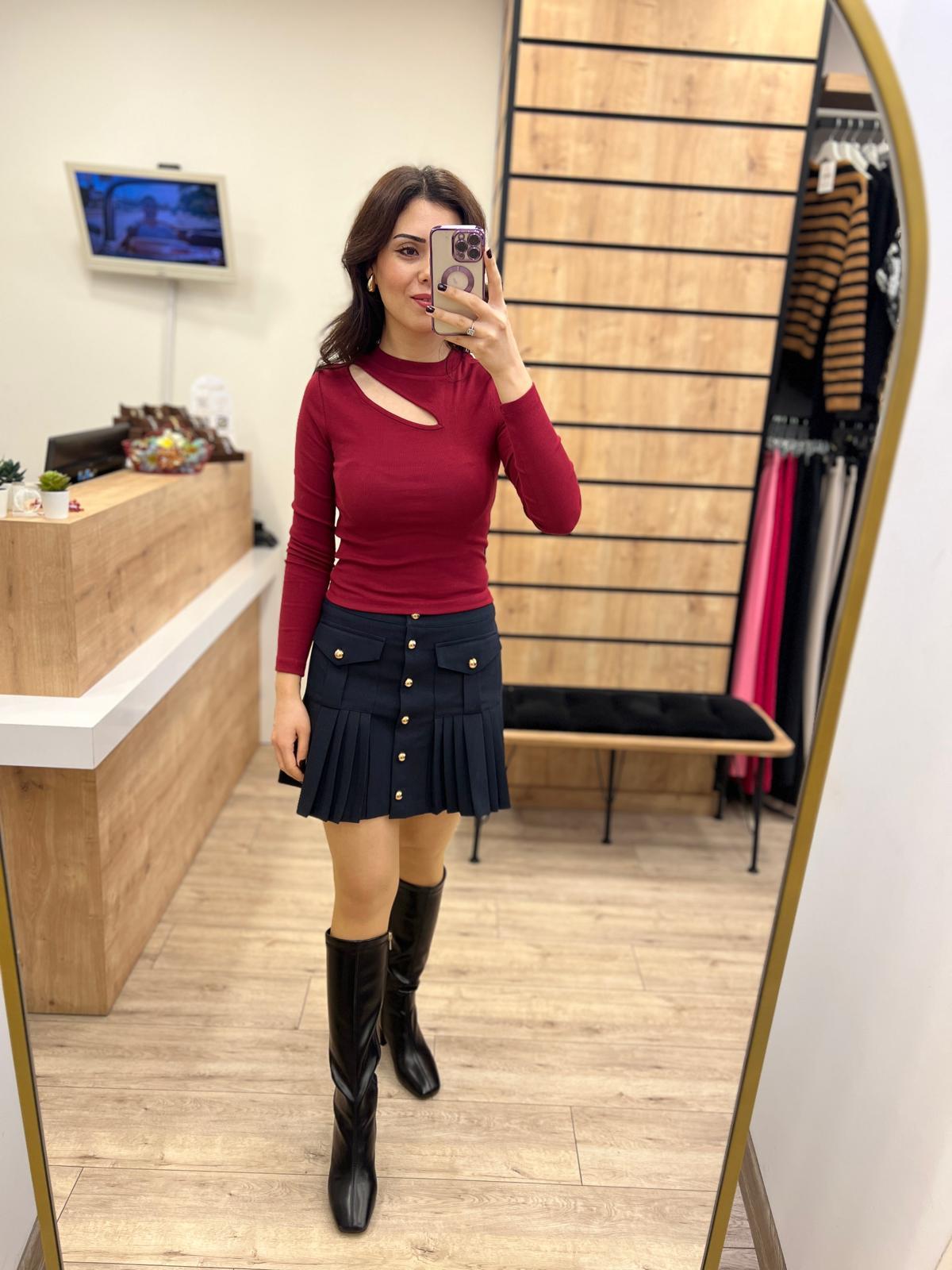 Lacivert Pileli Cepli Mini Etek
