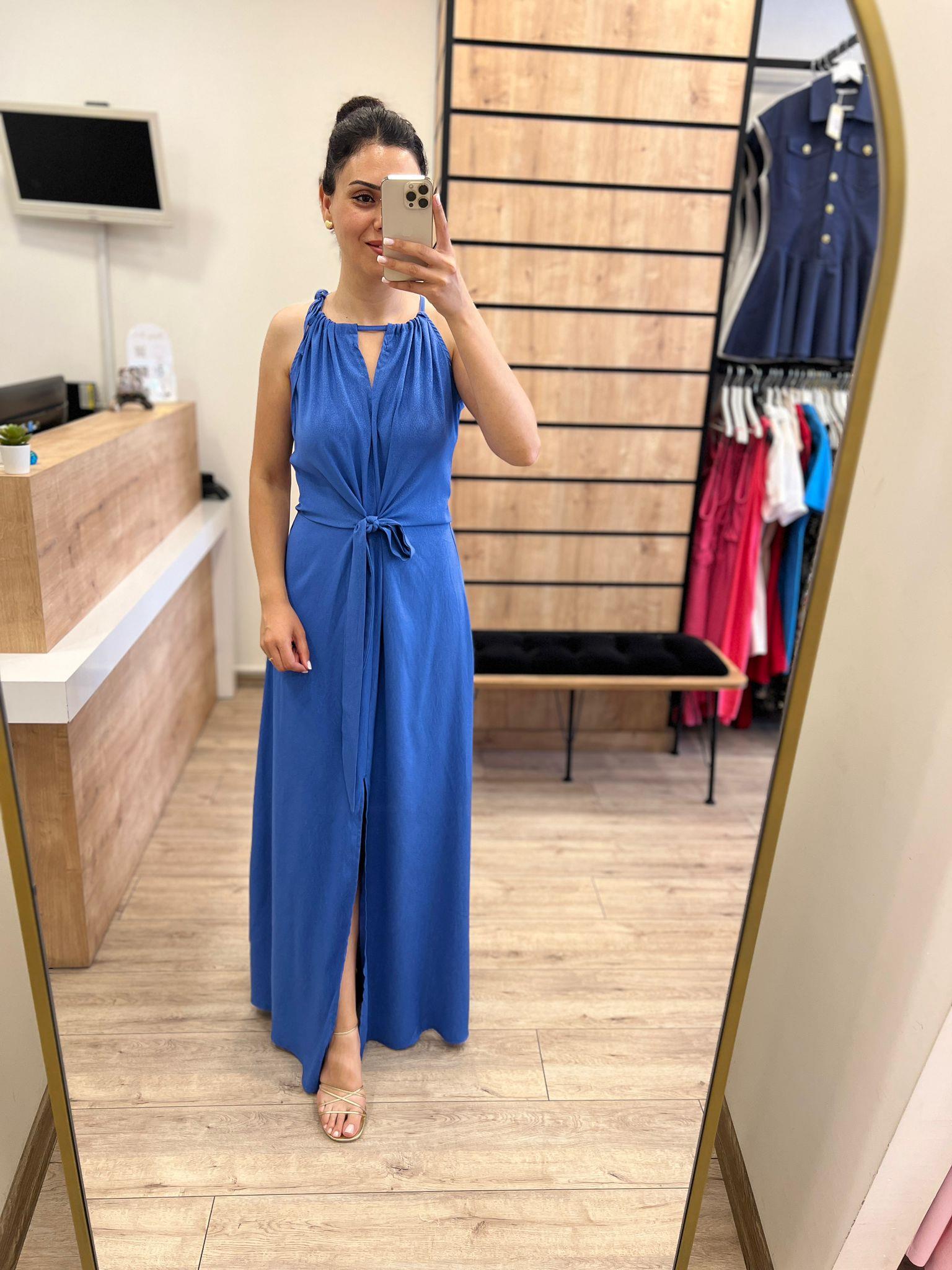 Mavi Bağlama Detaylı Halter Yaka Elbise
