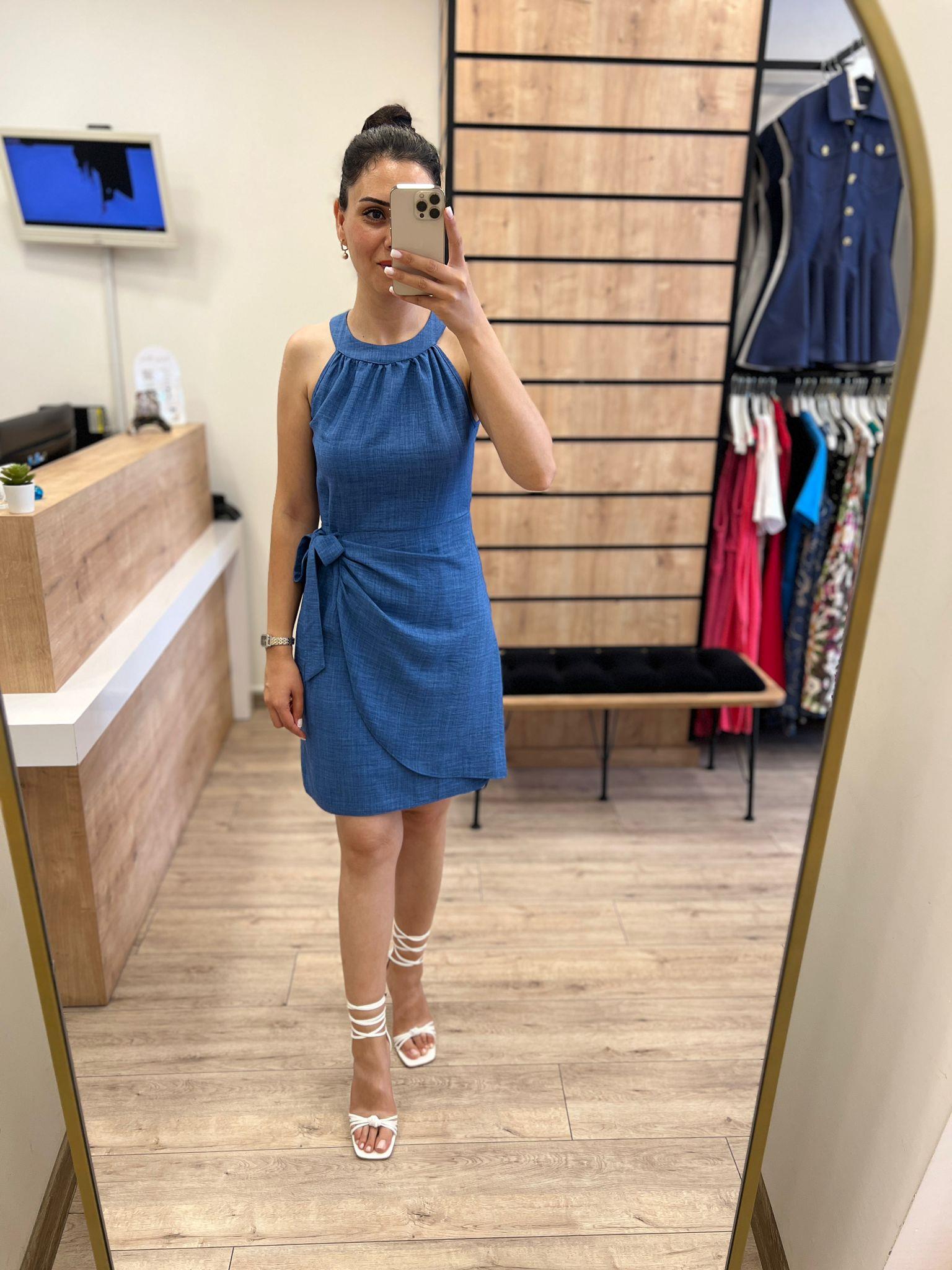 Mavi Halter Yaka Yandan Bağlamalı Elbise