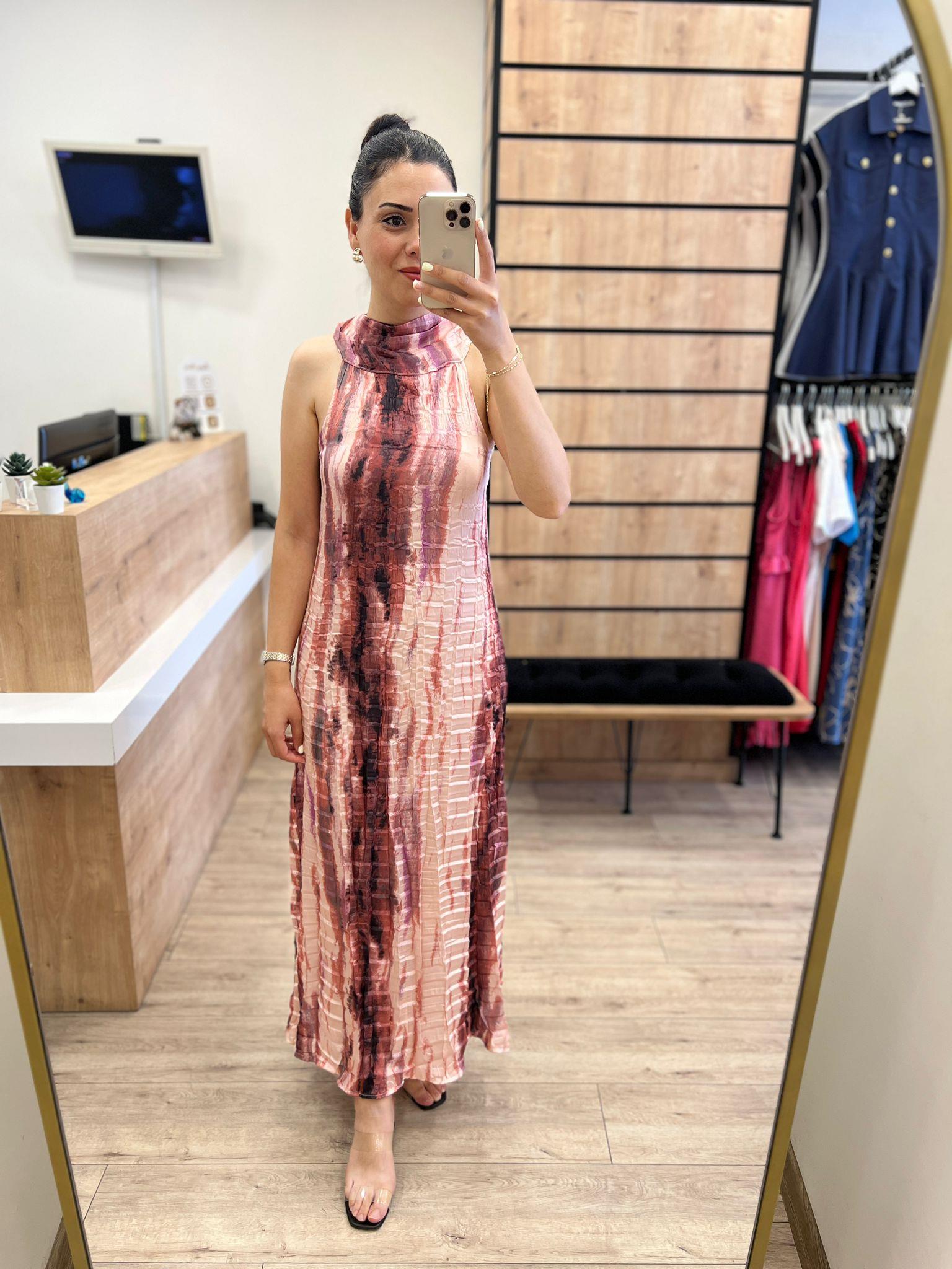 Pembe Kraş Düğmeli Saten Elbise