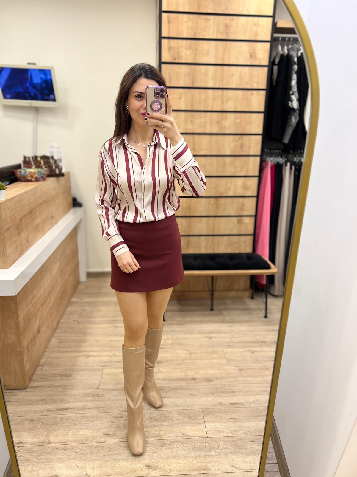 Saten Bordo Çizgili Gömlek
