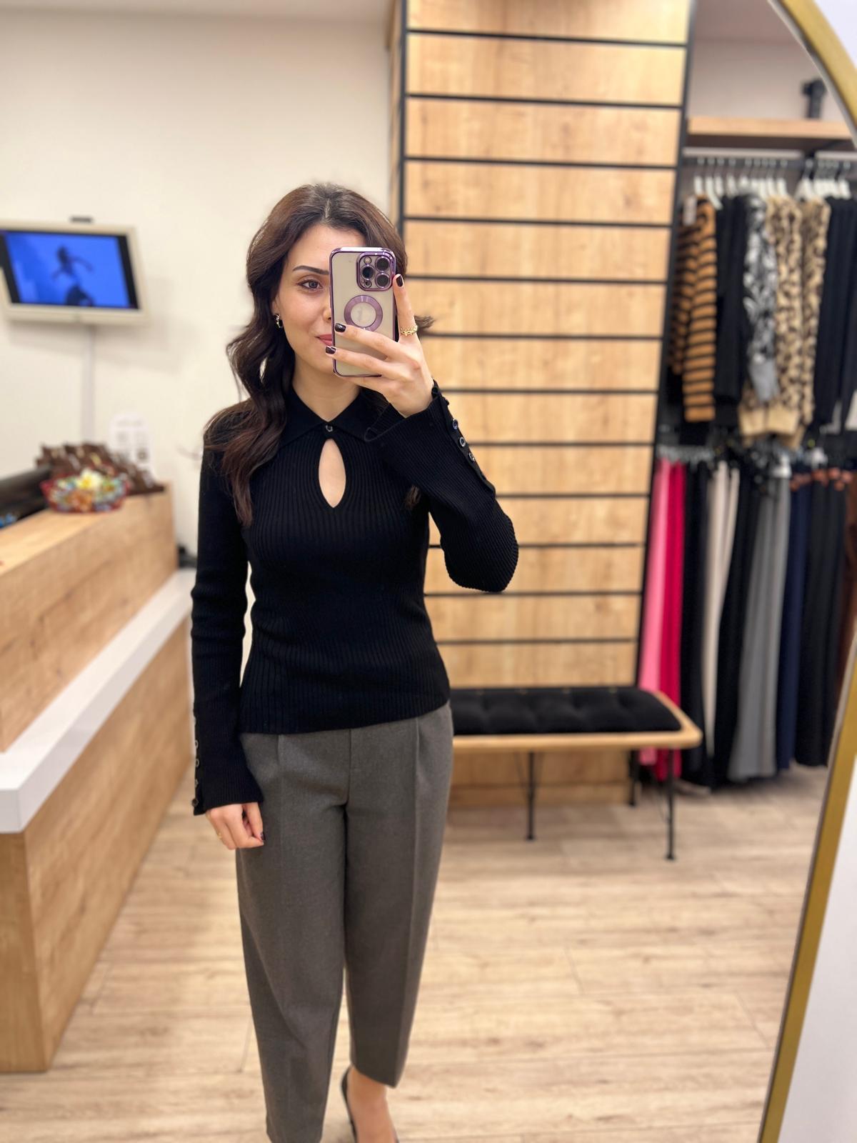 Siyah Polo Yaka Fitilli Triko Kazak
