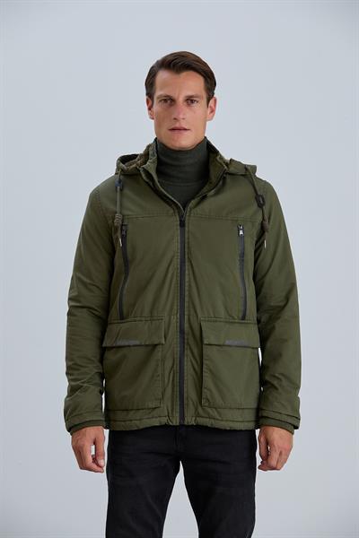 Çıkabilir Kapüşonlu Fermuar Detaylı Pamuk Erkek Mont