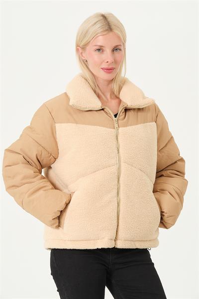 KADIN MONT Peluş Detaylı Çift Kumaş Kadın Mont