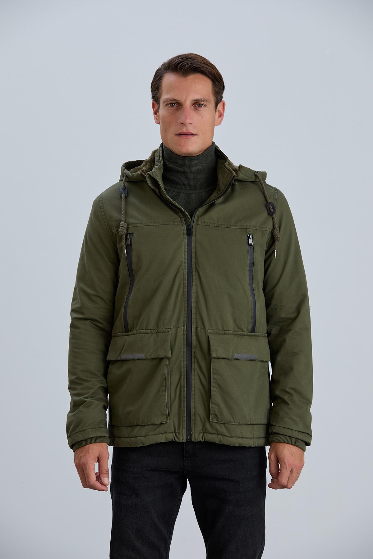 Çıkabilir Kapüşonlu Fermuar Detaylı Pamuk Erkek Mont