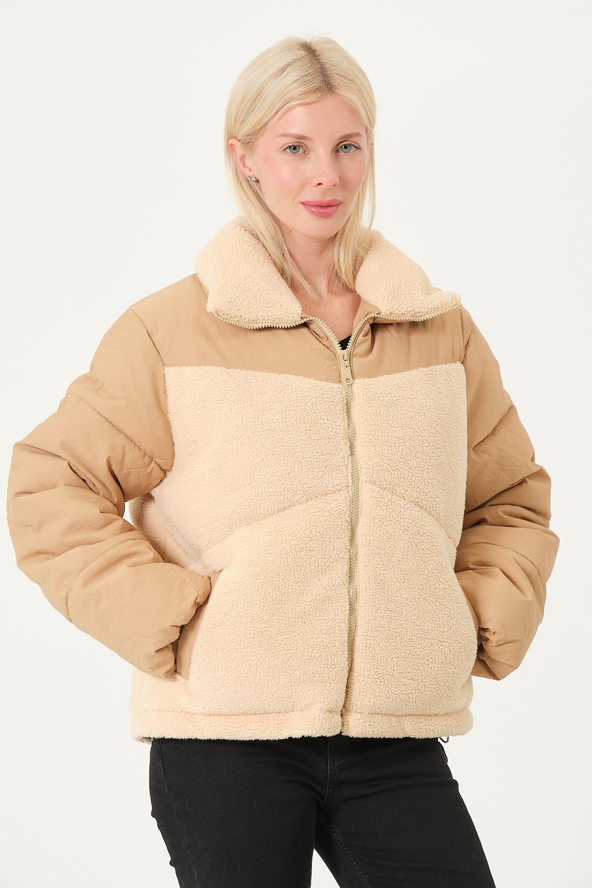 KADIN MONT Peluş Detaylı Çift Kumaş Kadın Mont