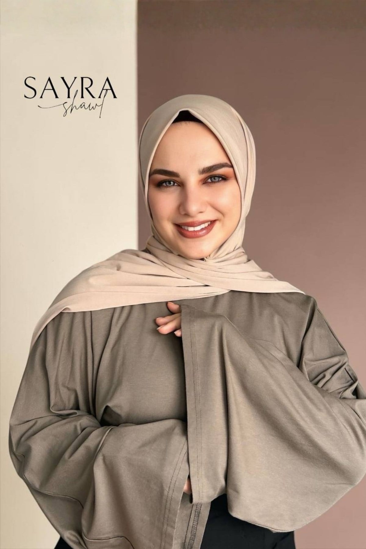 Sayra Shawl kadın bej çıtçıtlı hazır şal 