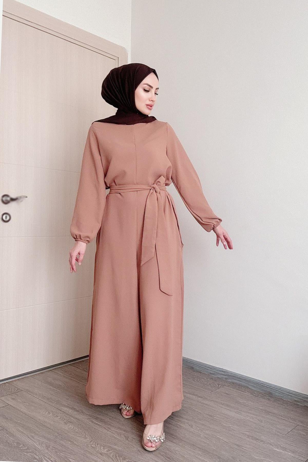 Sayra shawl kadın bej kuşaklı salaş kesim tesettür tulum SYR009