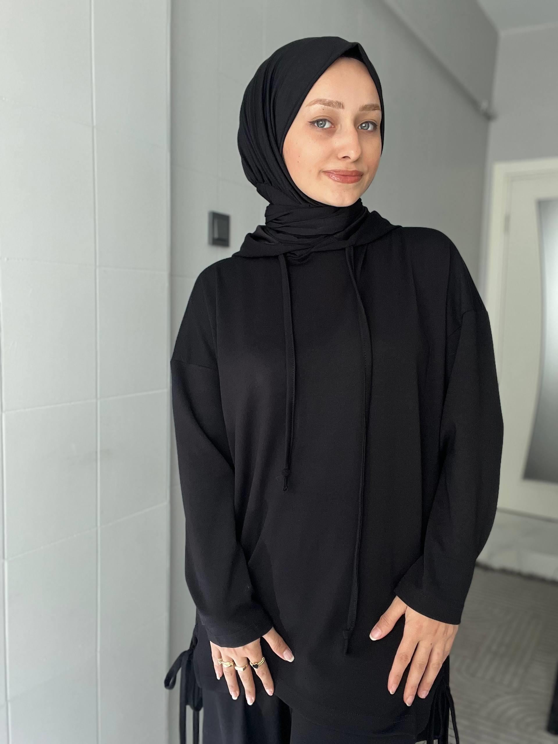 Sayra Shawl Kadın Siyah Kapüşonlu Büzgü Detaylı Alt Üst Takım