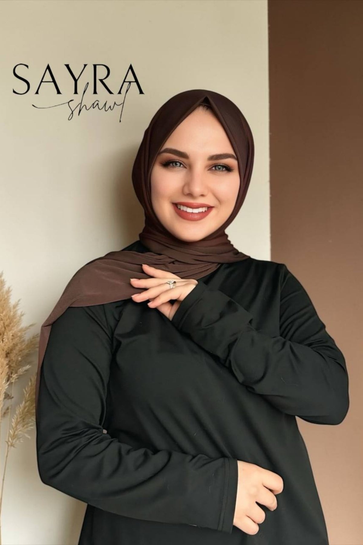 Sayra Shawl kahverengi çıtçıtlı hazır şal SYR002