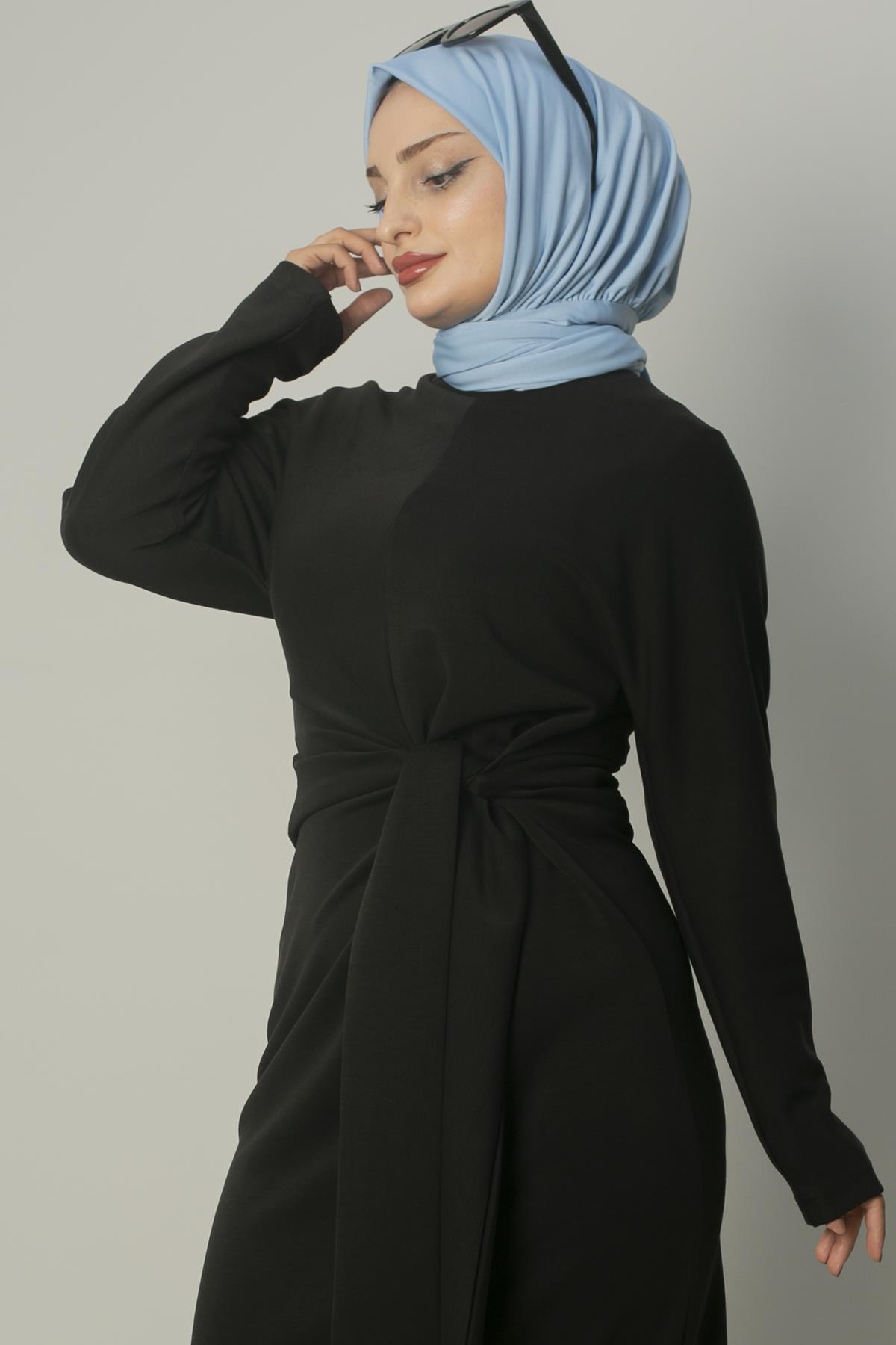 Sayra Shawl kadın bağlama detaylı nubuk tesettür elbise  SYR018