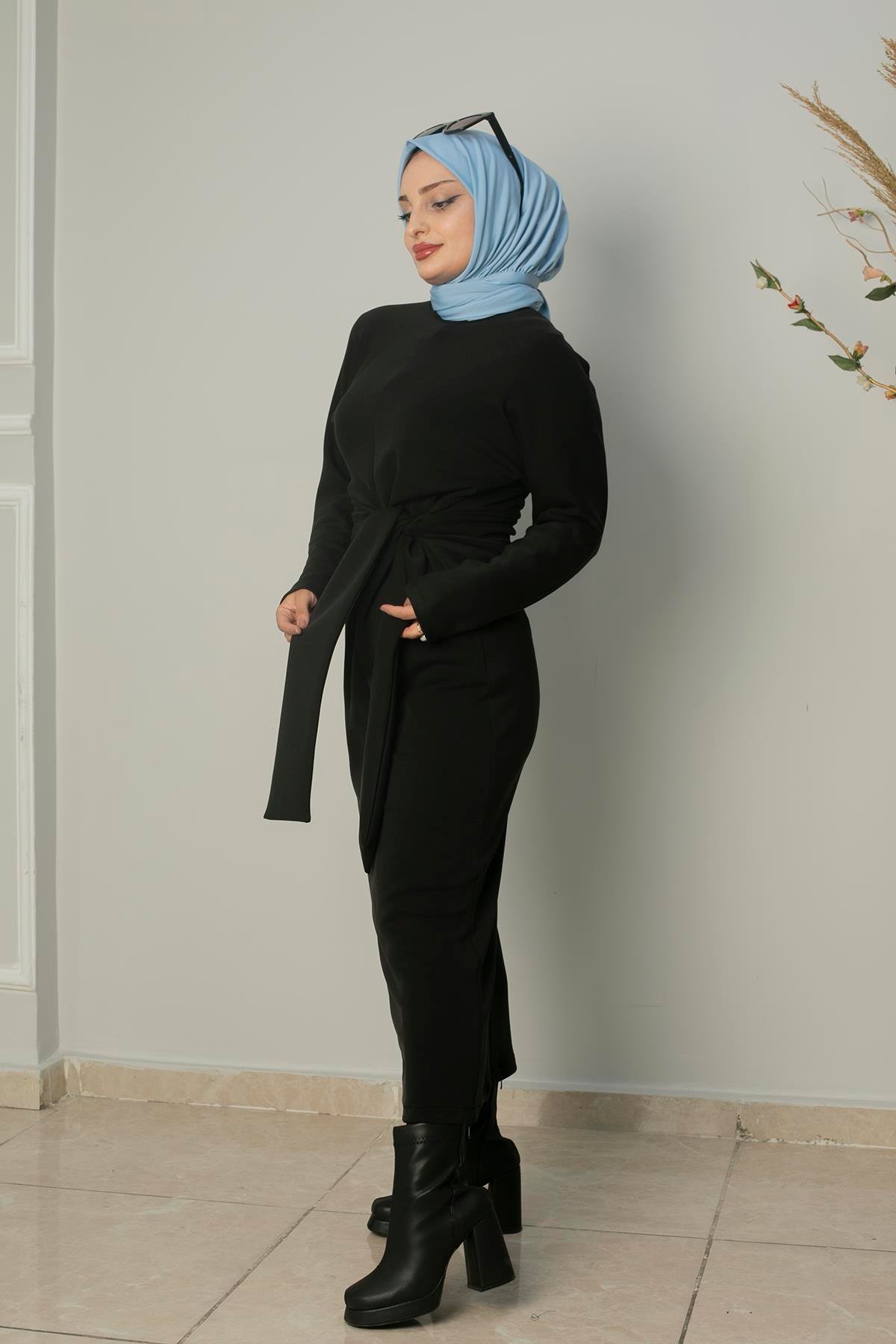 Sayra Shawl kadın bağlama detaylı nubuk tesettür elbise  SYR018