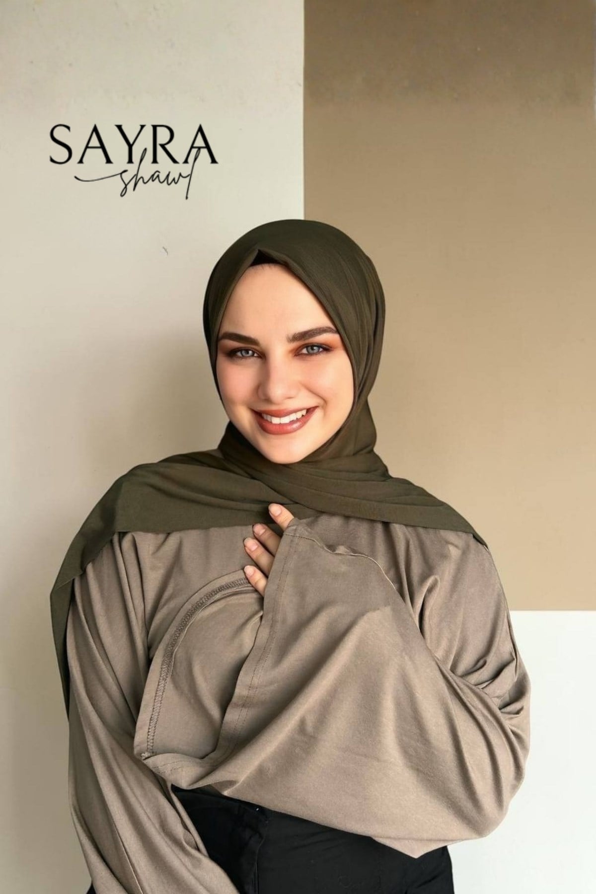 Sayra shawl kadın haki likralı kumaş hazır çıtçıtlı şal SYR008