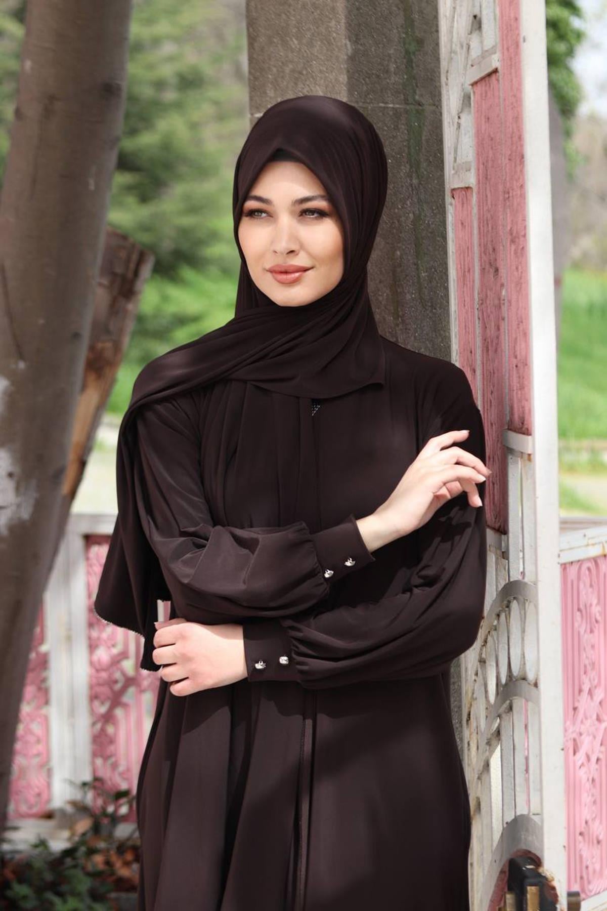 Sayra Shawl Kadın kahverengi şallı ferace