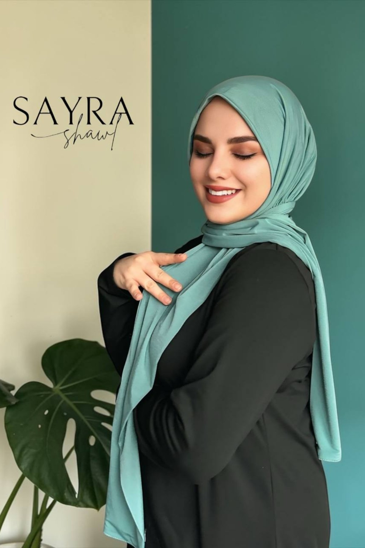 Sayra shawl kadın küf yeşili likralı kumaş hazır çıtçıtlı şal SYR008