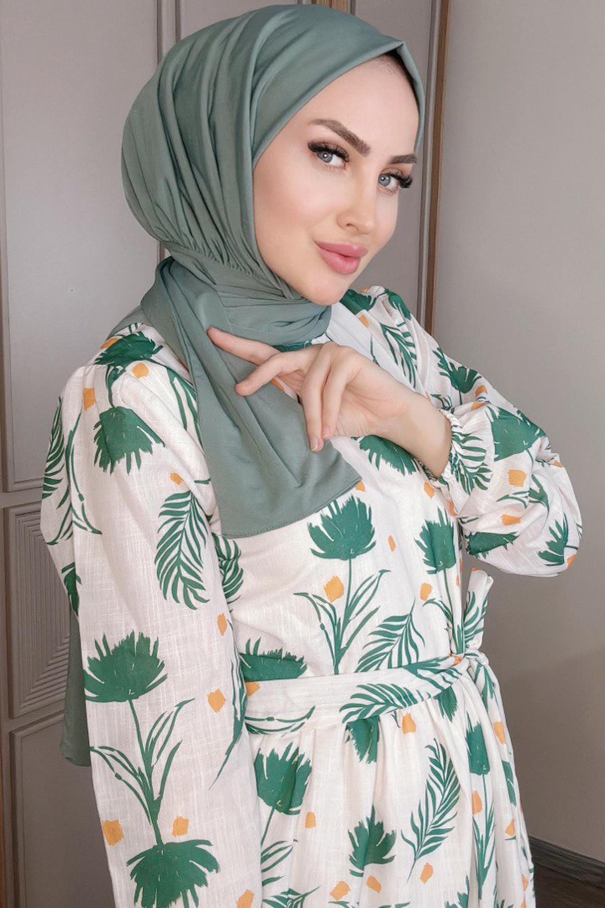 Sayra shawl kadın küf yeşili likralı kumaş hazır çıtçıtlı şal SYR008