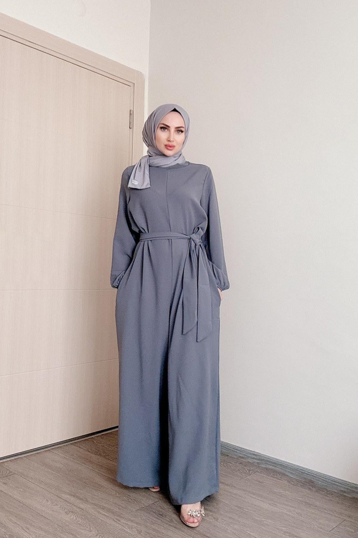 Sayra shawl kadın kuşaklı salaş kesim tesettür tulum SYR009