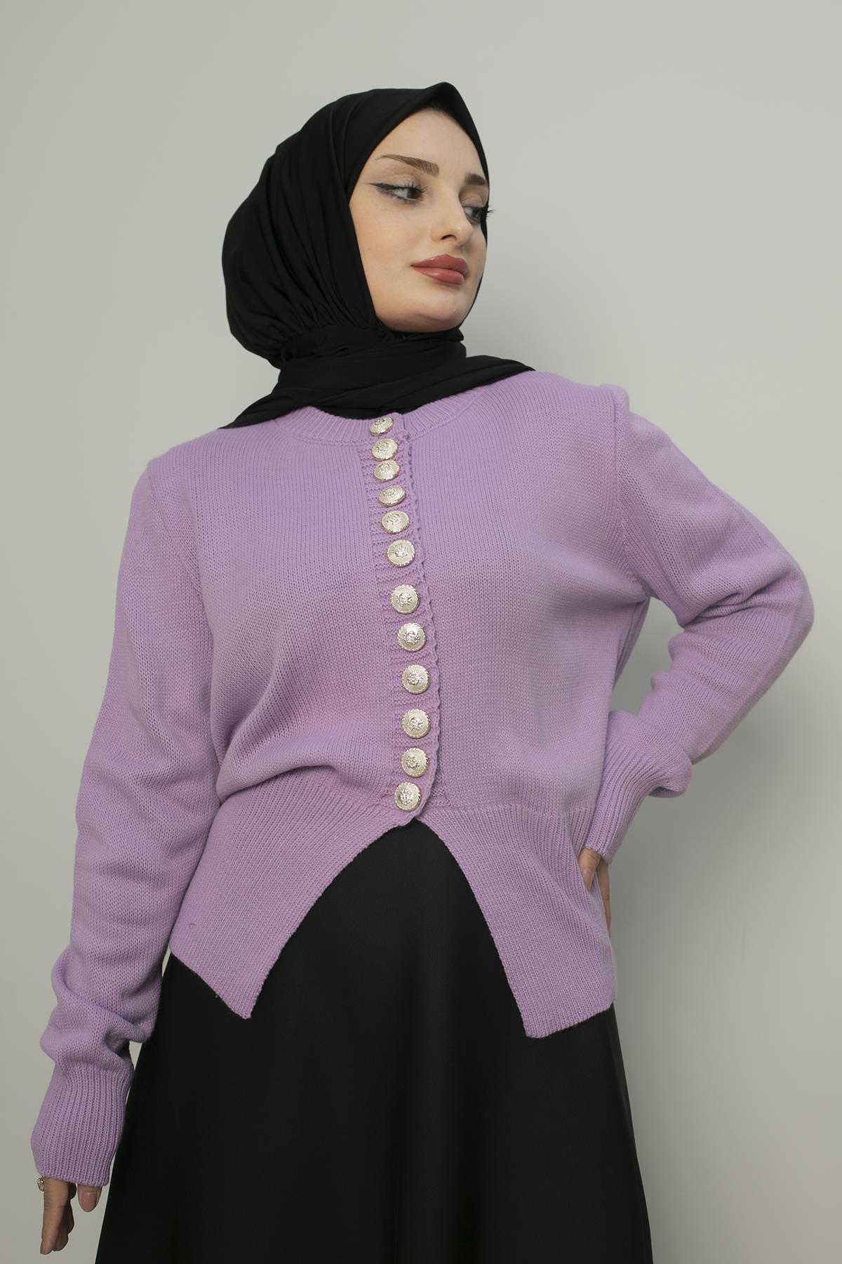 Sayra Shawl kadın lila düğme detaylı triko hırka SYR017